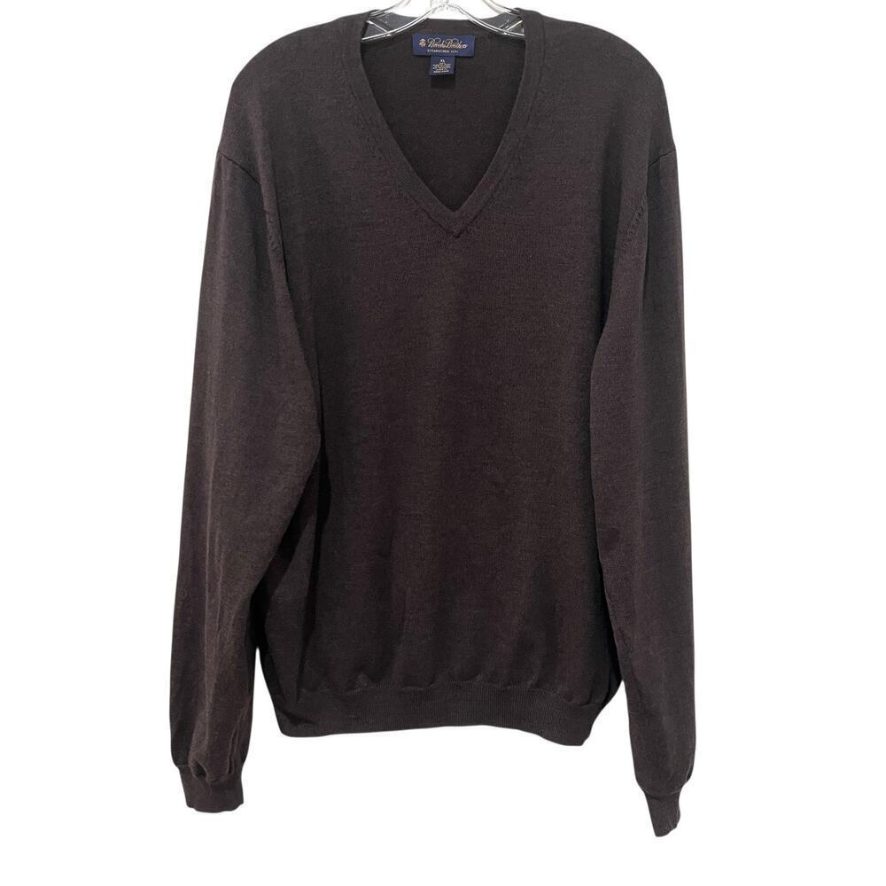Brooks Brothers Sweater Mens XL Brown Merino Wool V Neck Lightweight Pullover
